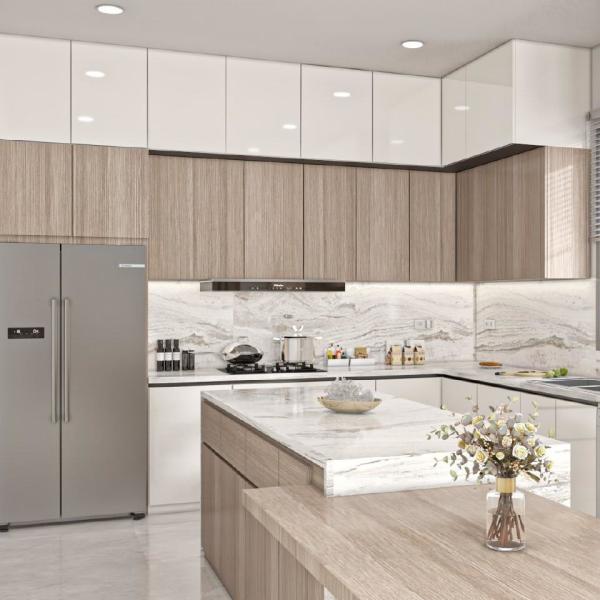 Cheap Apartment Project Full Set Smart Modern Style Custom Cabinet Wood Grain Kitchen Cabinet For Contractors for sale
