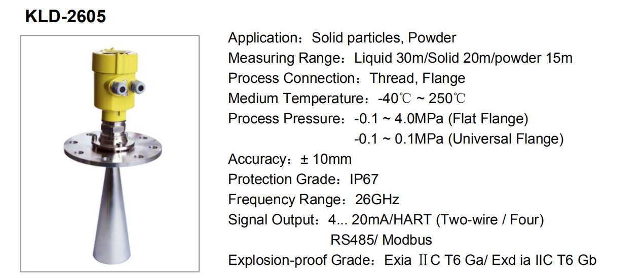 26GHz RS485 Modbus Radar Level Meter Solid Particles Level Meter KLD Series