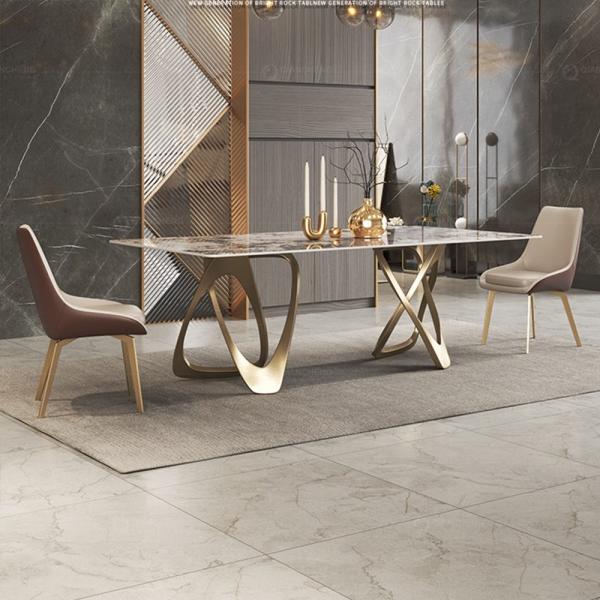Cheap Rectangular 2.0 Meter Marble SS Dining Table Two Gold Same Base Support Artificial Marble for sale
