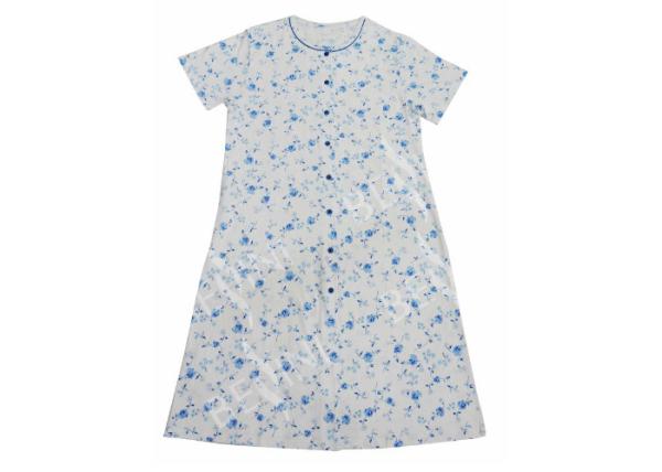 Cheap Ladies Cotton Jersey Blue Floral Printed Button Through Nightdress Sleepwear with Blue Piping Button Satin Bows for sale
