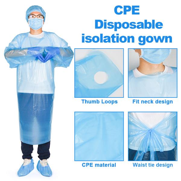 Cheap CPE Isolation Gown With Thumb Loop , Cuff Disposable Medical CPE Isolation Gown for sale