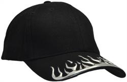 DS-4081 HEAVY BRUSHED COTTON BASEBALL CAP, VELCRO REAR ADJUSTER WITH DESIGNED CHROME LIQUID FLAME FEATURE ON THE PEAK. AVALABLE IN BLACK OFF THE SHELF OR CAN BE CUSTOMED TO YOUR YOUR COLOURS..