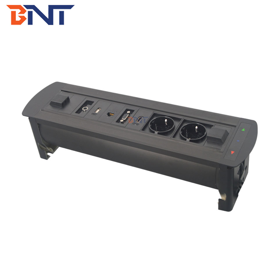Media power data connection motorized flip up tabletop power socket box