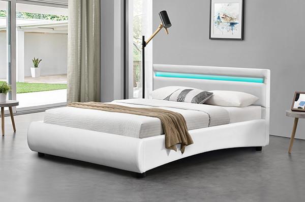 Cheap OEM White Pu Leather Bed Frame With LED Light Curve Shape for sale