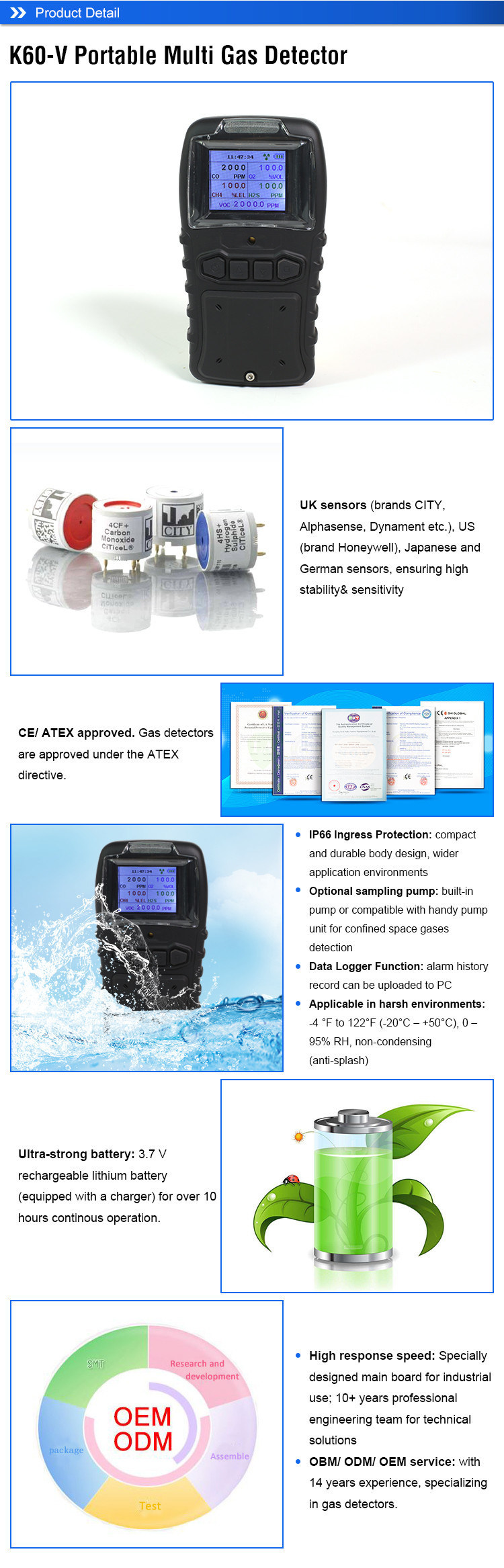 4 in 1 Portable Multi Flue Gas Leak Detector Biogas Analyzer with Built-in Sampling Pump