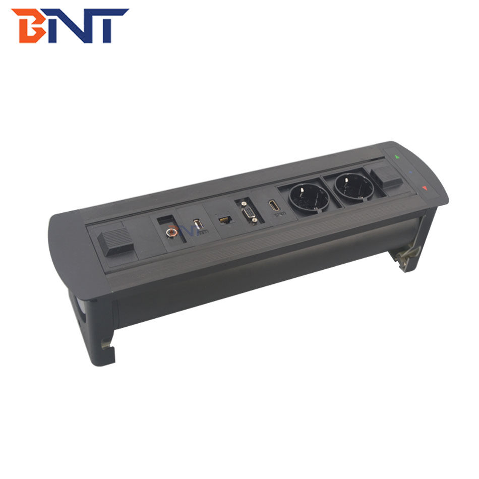 Media power data connection motorized flip up tabletop power socket box