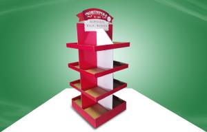 China Red Eco-friendly Corrugated Cardboard Free Standing Display Units Four Shelves Shinning Offset Printing on sale