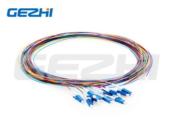Cheap 1m (3ft) LC UPC Fiber Optic Pigtail 12 Fibers OS2 Single Mode Unjacketed Color-Coded PVC (OFNR) 0.9mm for sale
